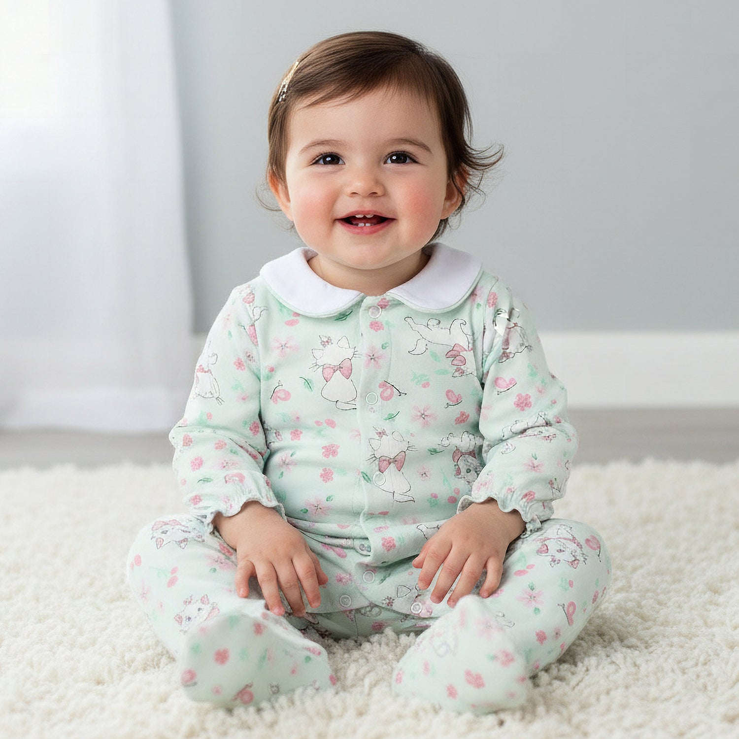 Disney Cotton Collared Long Sleeves Sleepsuit with Marie Print - Green / 9-12 mths