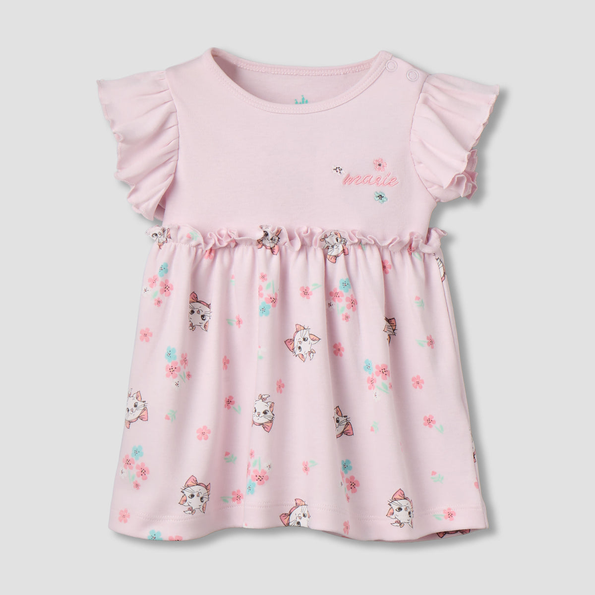 Disney Round Neck Cap Sleeves Dress with Marie Print
