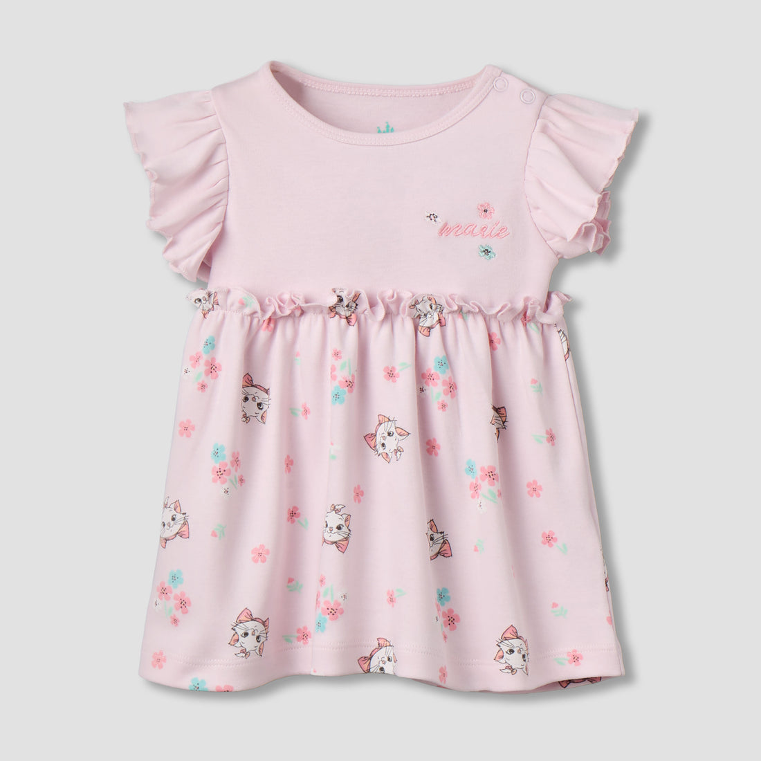 Disney Round Neck Cap Sleeves Dress with Marie Print