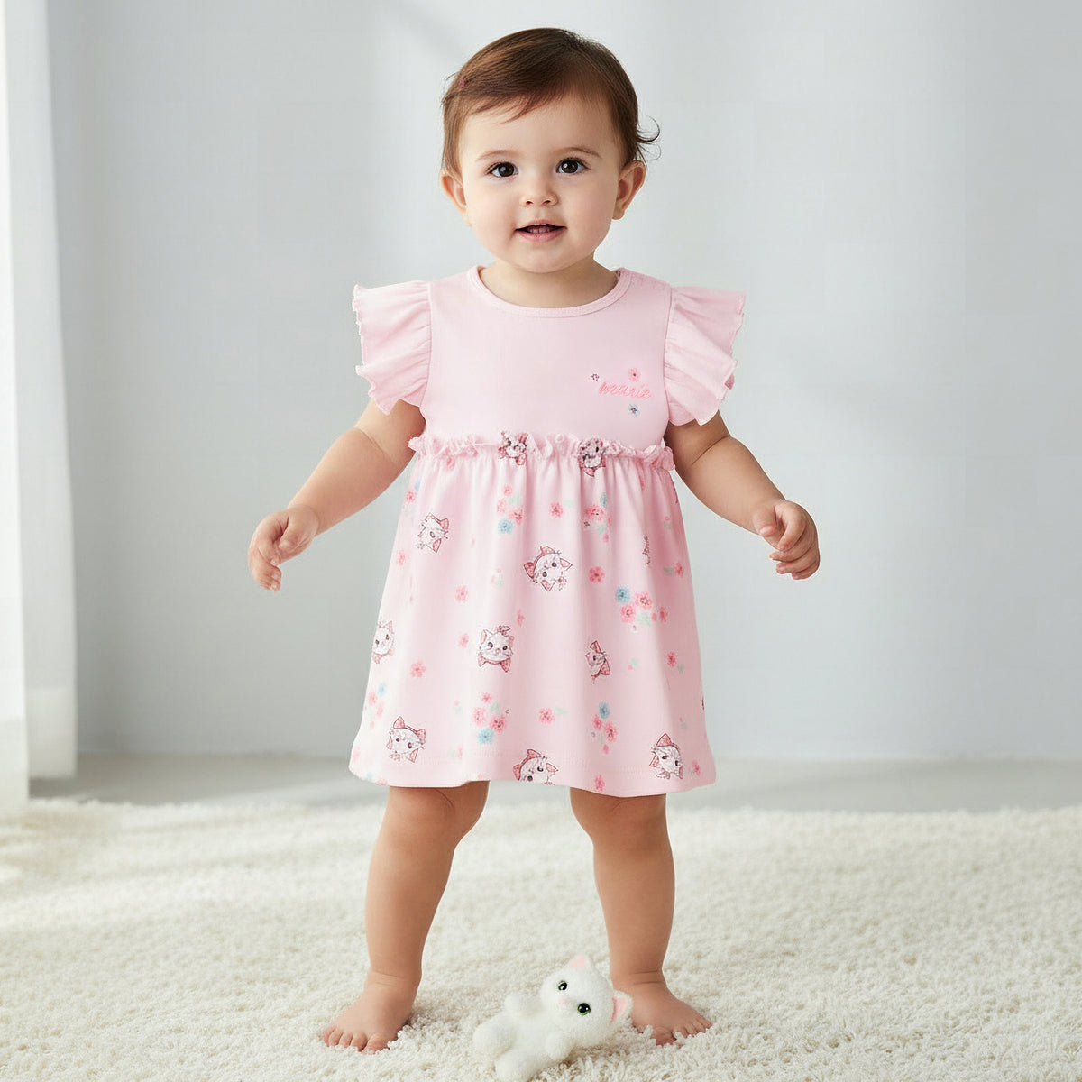 Disney Round Neck Cap Sleeves Dress with Marie Print