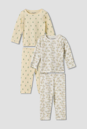 Pack of 2 Juniors Cotton Round Neck Long Sleeves Pyjama Set with Botanical Print