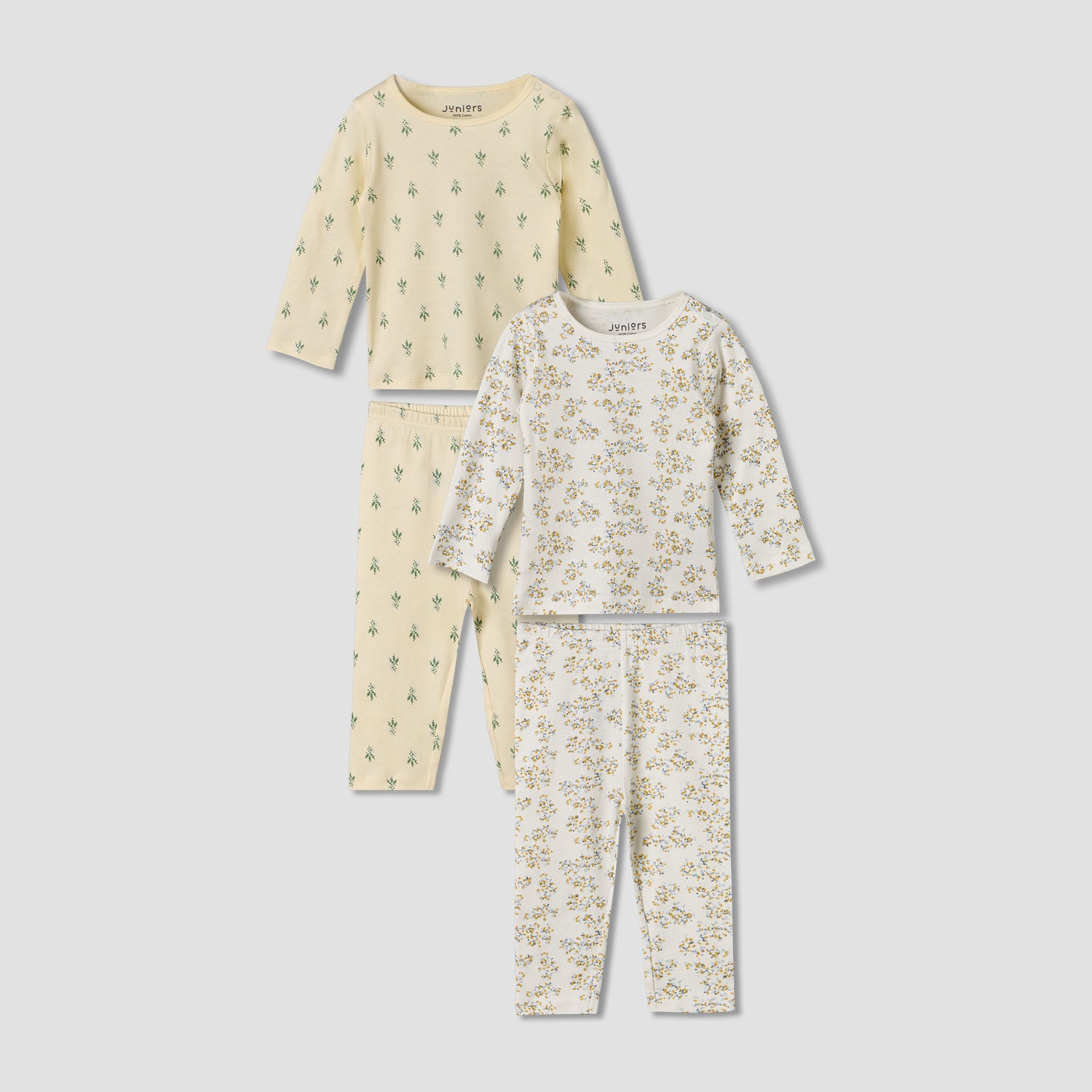 Pack of 2 Juniors Cotton Round Neck Long Sleeves Pyjama Set with Botanical Print - Multicolour / 12-18 mths