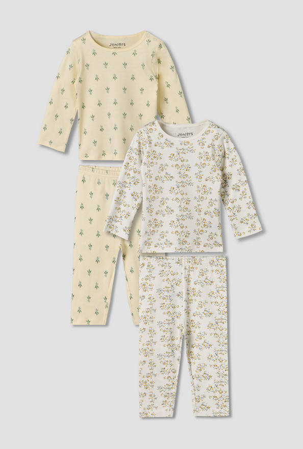 Pack of 2 Juniors Cotton Round Neck Long Sleeves Pyjama Set with Botanical Print