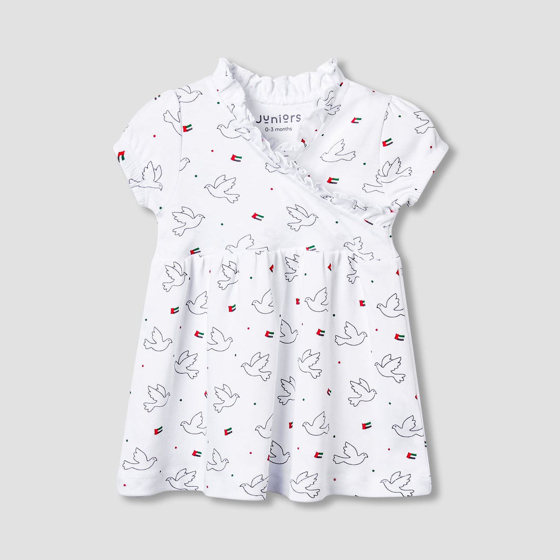 Juniors V-neck Short Sleeves Knee Length Dress with UAE National Day Print - White / 12-18 mths