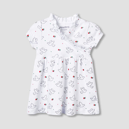 Juniors V-neck Short Sleeves Knee Length Dress with UAE National Day Print - White / 12-18 mths