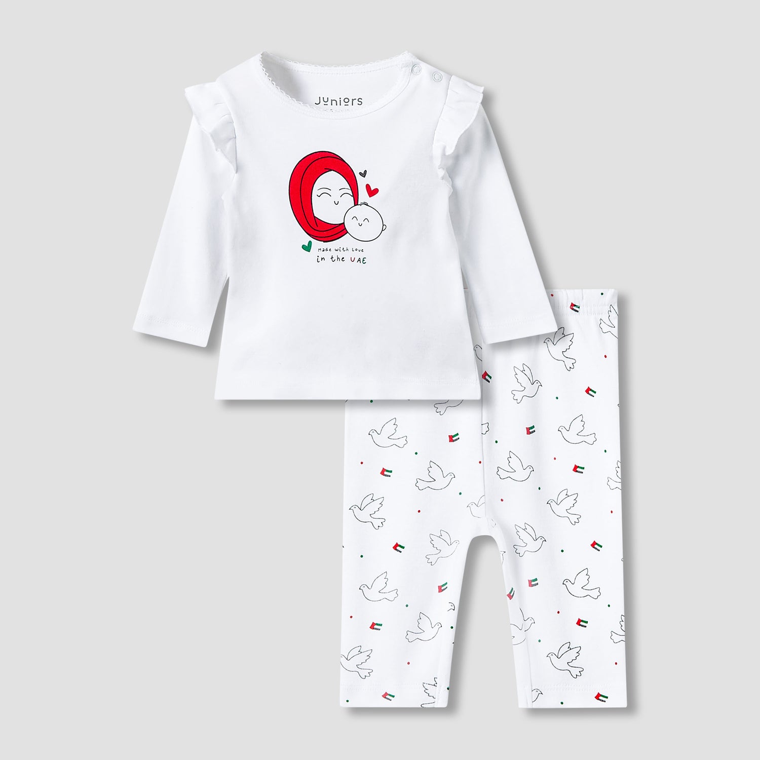 Juniors Cotton Crew Neck Long Sleeves Pyjama Set with UAE National Day Print - White / 12-18 mths