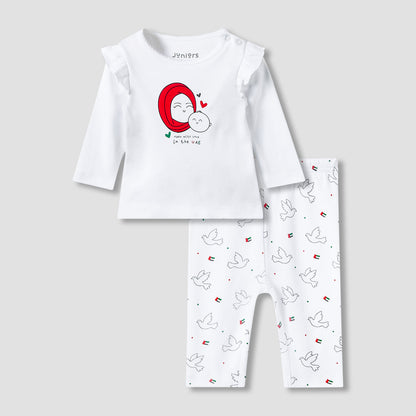 Juniors Cotton Crew Neck Long Sleeves Pyjama Set with UAE National Day Print - White / 12-18 mths