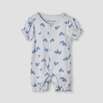 Juniors Heart Print Romper with Puff Sleeves - Blue / 12-18 mths