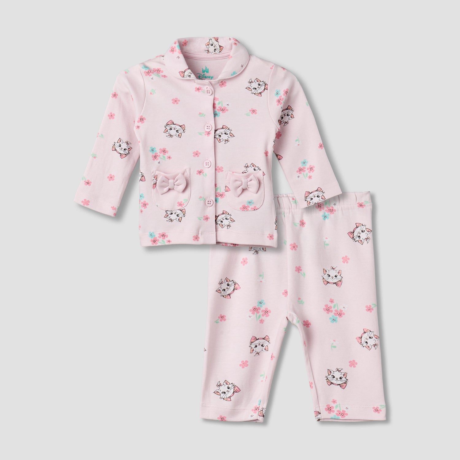 Disney Cotton Collared Neck Long Sleeve Pyjama Set with Marie Print - Pink / 12-18 mths