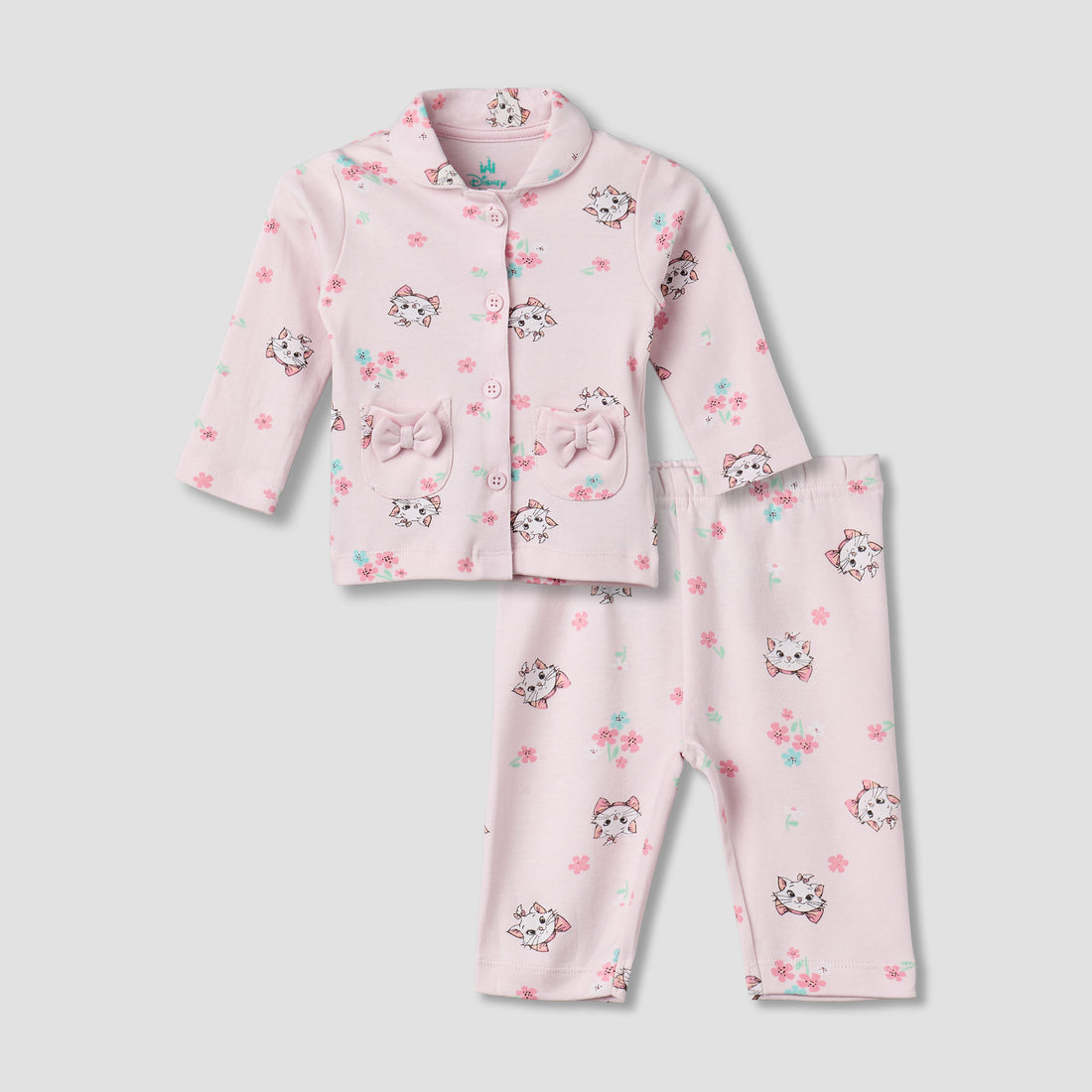 Disney Cotton Collared Neck Long Sleeve Pyjama Set with Marie Print