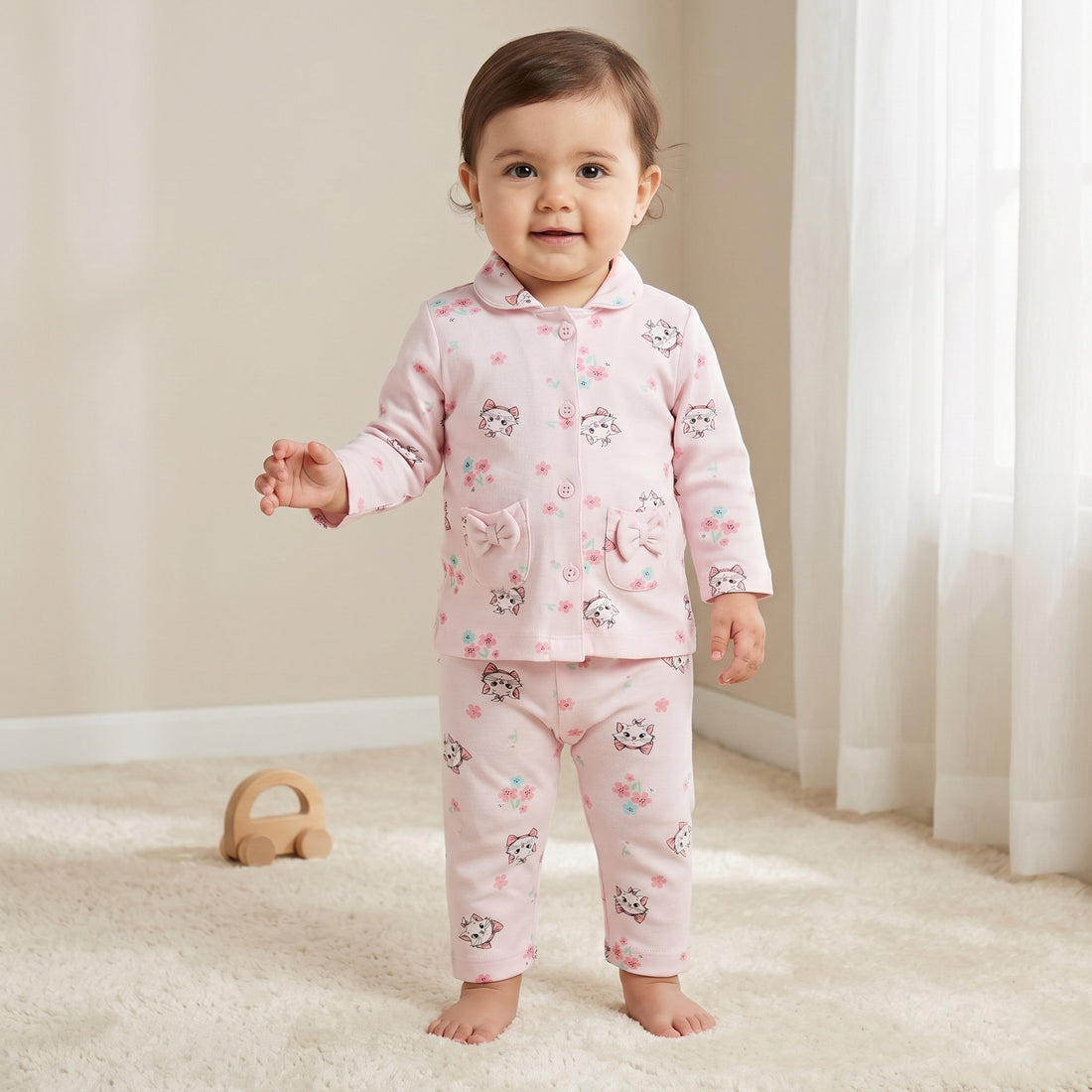 Disney Cotton Collared Neck Long Sleeve Pyjama Set with Marie Print - Pink / 12-18 mths