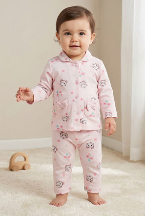 Disney Cotton Collared Neck Long Sleeve Pyjama Set with Marie Print