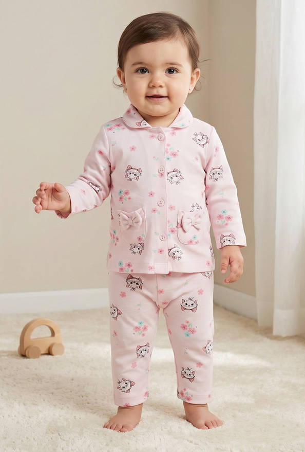 Disney Cotton Collared Neck Long Sleeve Pyjama Set with Marie Print