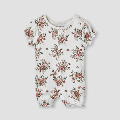 Juniors Floral Print Romper with Puff Sleeves - White / 12-18 mths