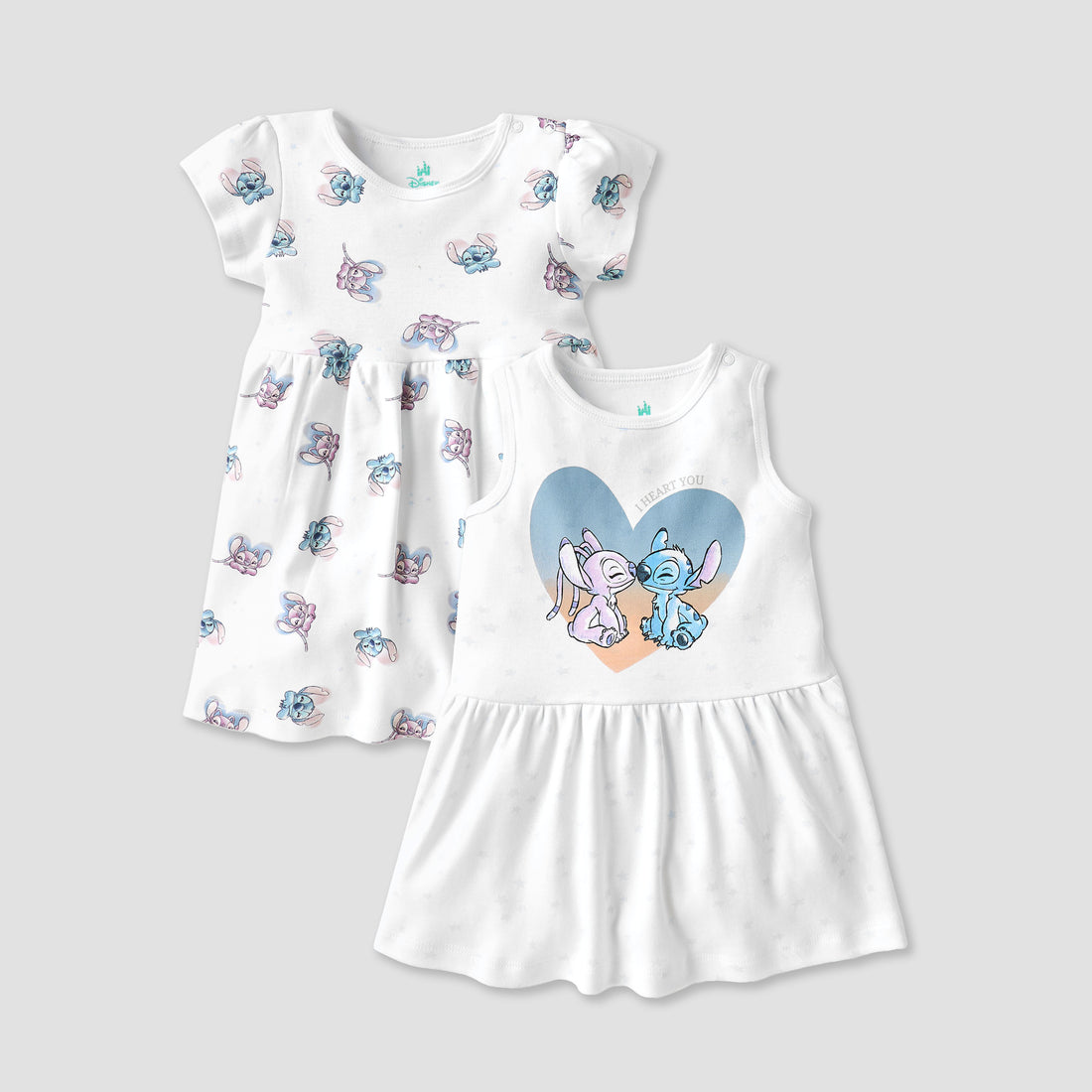 Disney Stitch and Angel Print Dress with Round Neck - Set of 2 - White / 12-18 mths