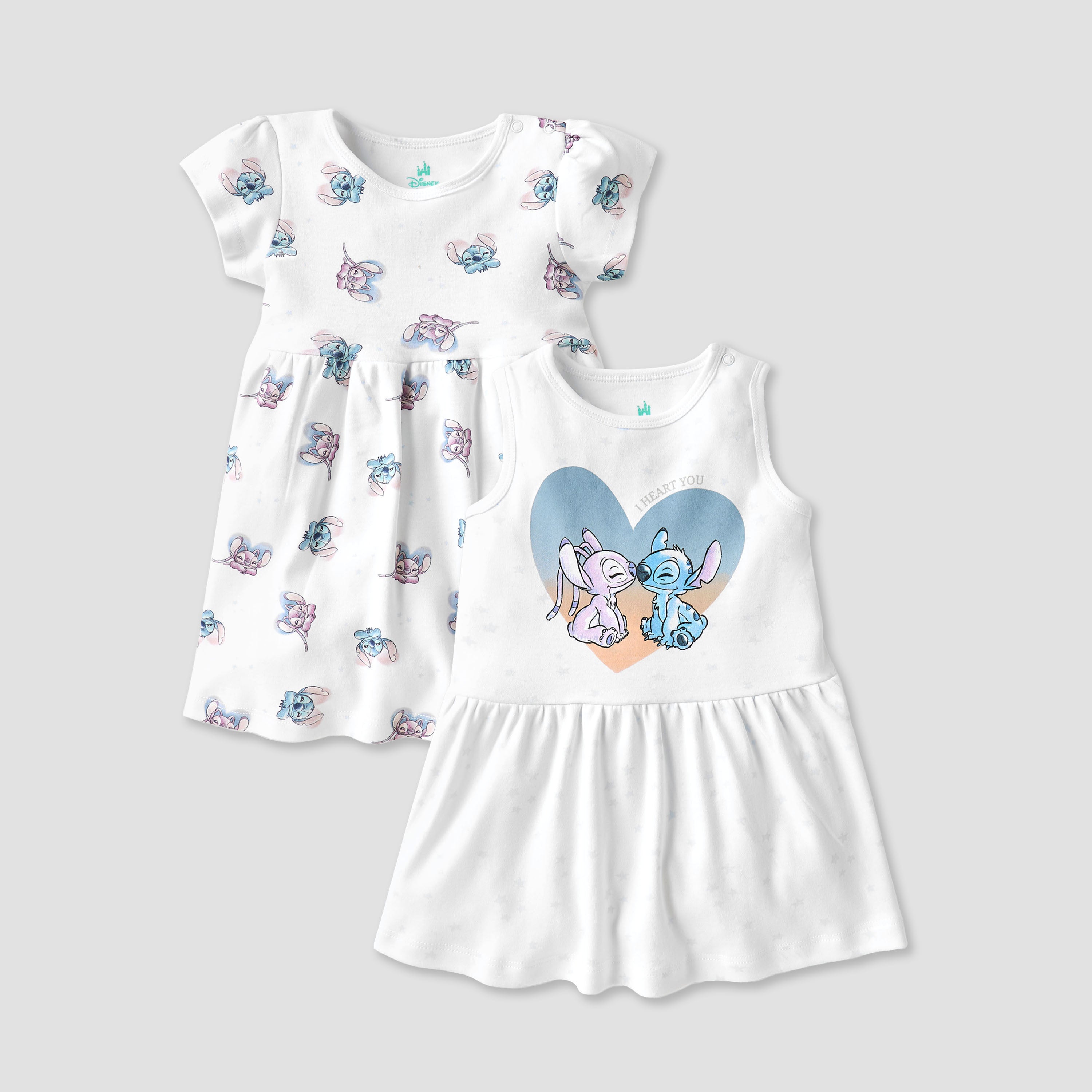 Disney Stitch and Angel Print Dress with Round Neck - Set of 2 - White / 12-18 mths