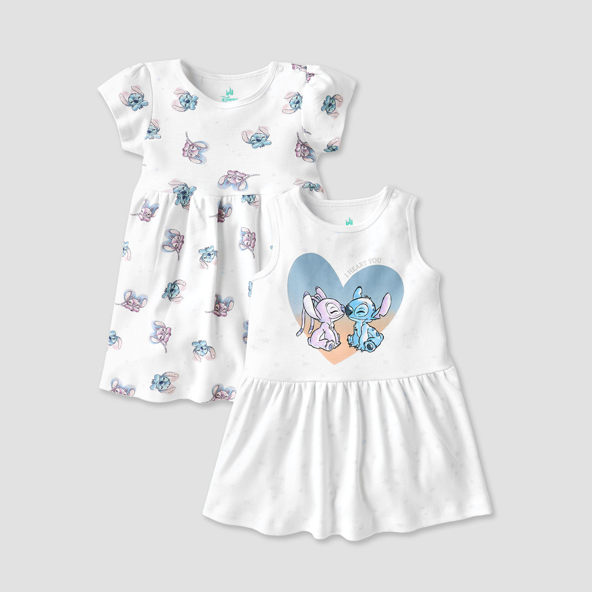 Disney Stitch and Angel Print Dress with Round Neck - Set of 2