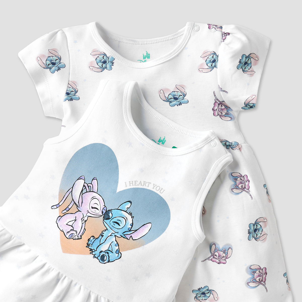 Disney Stitch and Angel Print Dress with Round Neck - Set of 2