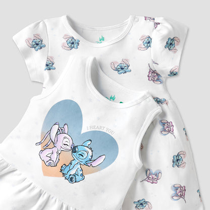 Disney Stitch and Angel Print Dress with Round Neck - Set of 2