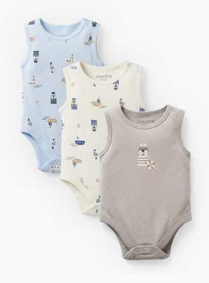 Pack of 3 Juniors Round Neck Sleeveless Bodysuit with Nautical Print-baby-boys-clothing-bodysuits-image-1