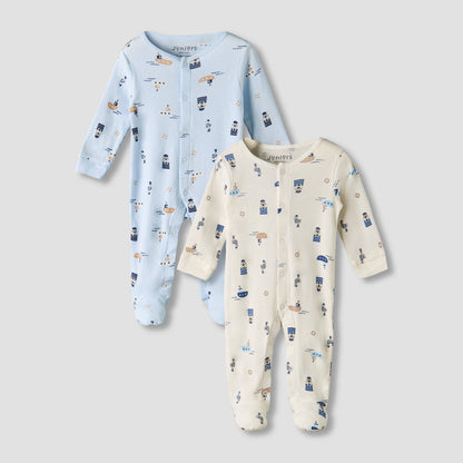Pack of 2 Juniors Round Neck Long Sleeves Sleepsuit with Nautical Print - Multicolour / 9-12 mths