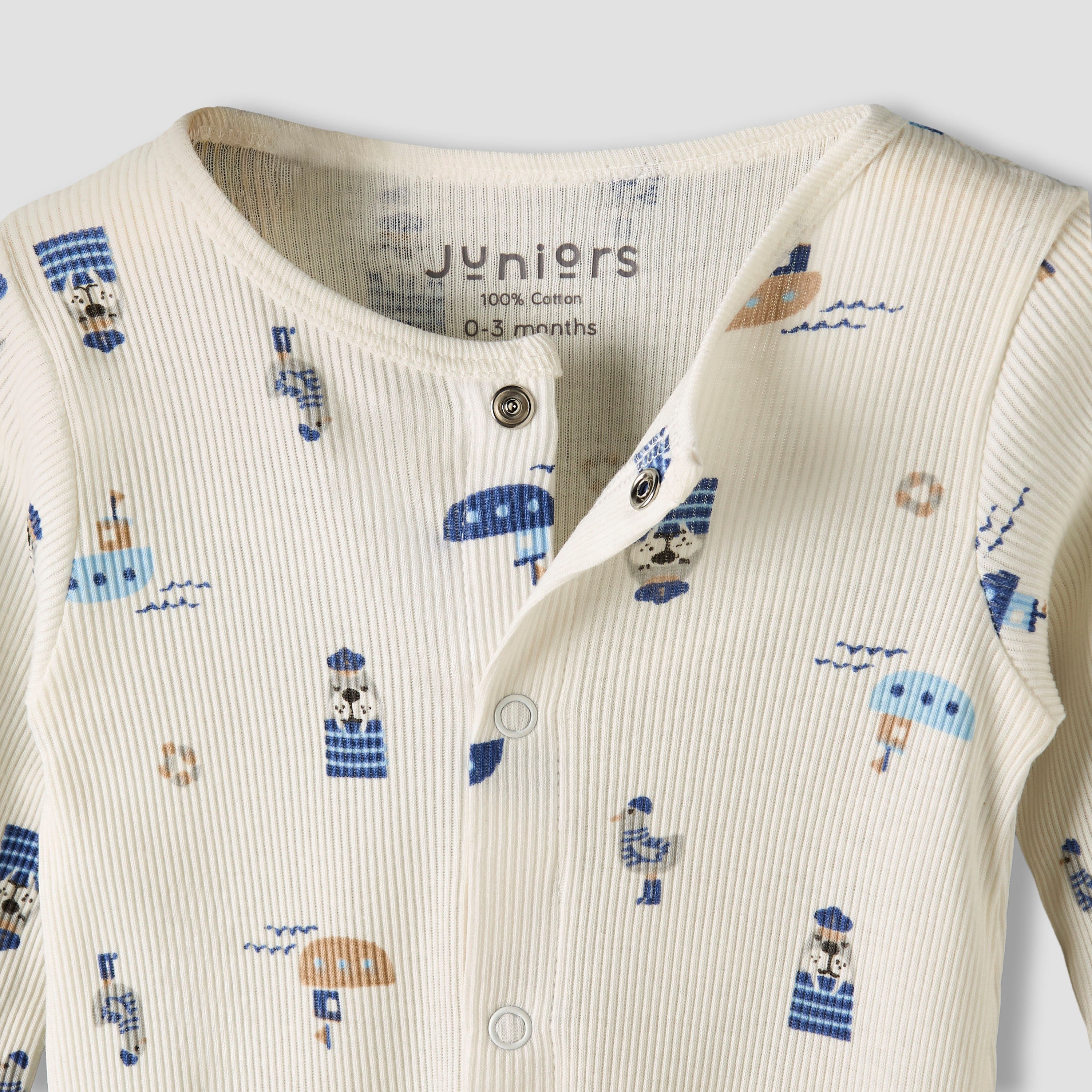 Pack of 2 Juniors Round Neck Long Sleeves Sleepsuit with Nautical Print
