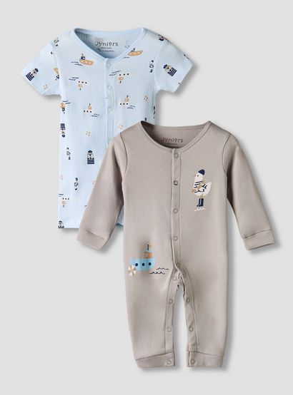 Set of 2 Juniors Cotton Round Neck Sleepsuit and Romper with Nautical Print-baby-boys-clothing-nightwear-sleepsuits-image-1