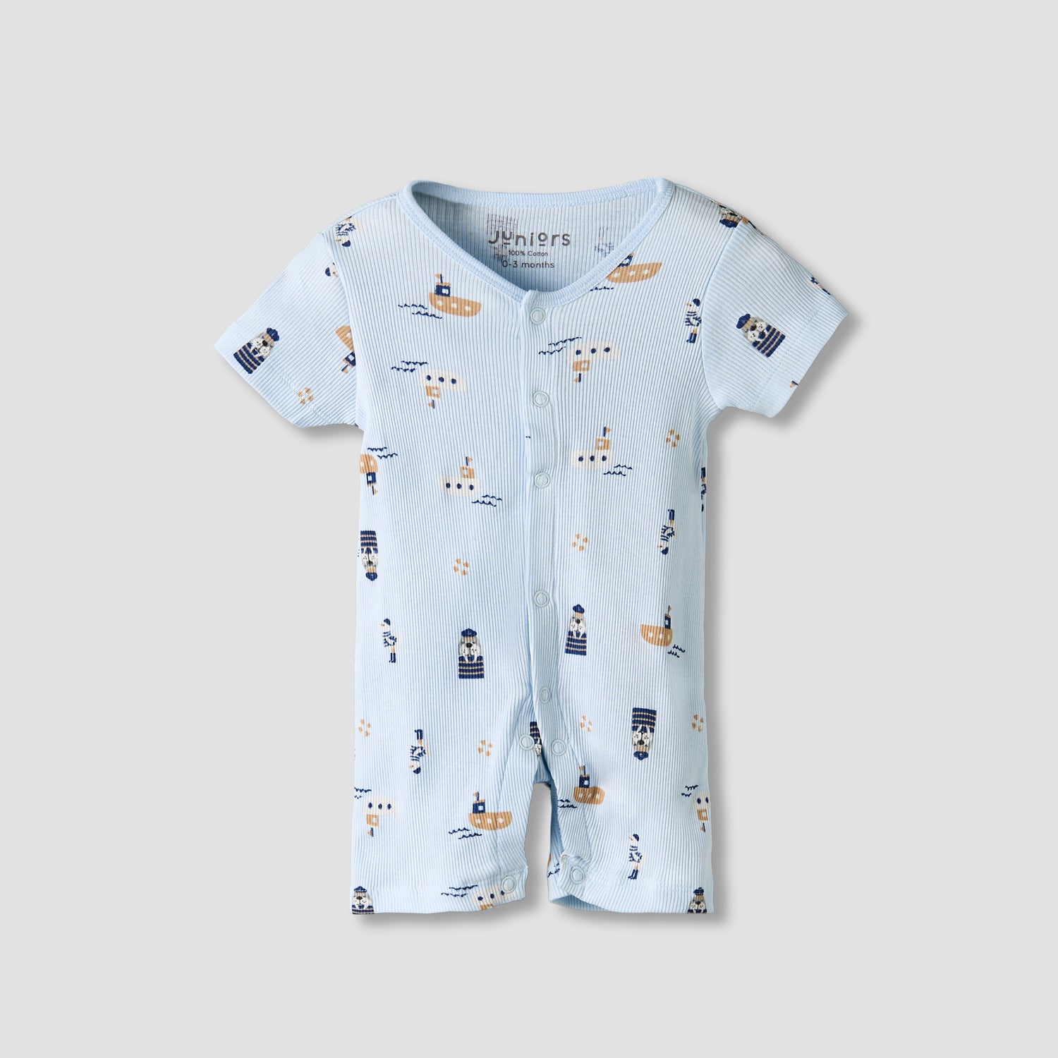Set of 2 Juniors Cotton Round Neck Sleepsuit and Romper with Nautical Print