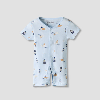 Set of 2 Juniors Cotton Round Neck Sleepsuit and Romper with Nautical Print