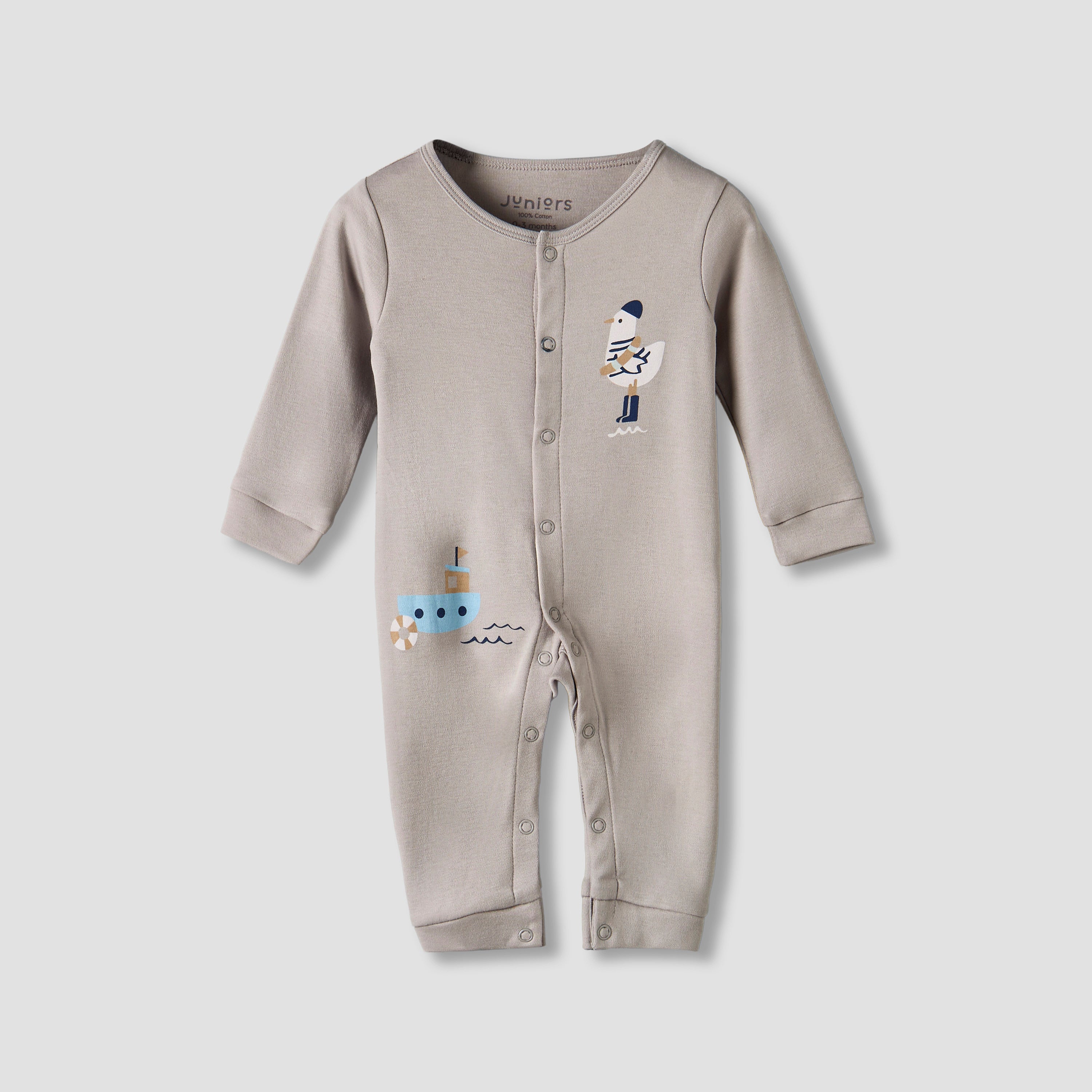 Set of 2 Juniors Cotton Round Neck Sleepsuit and Romper with Nautical Print