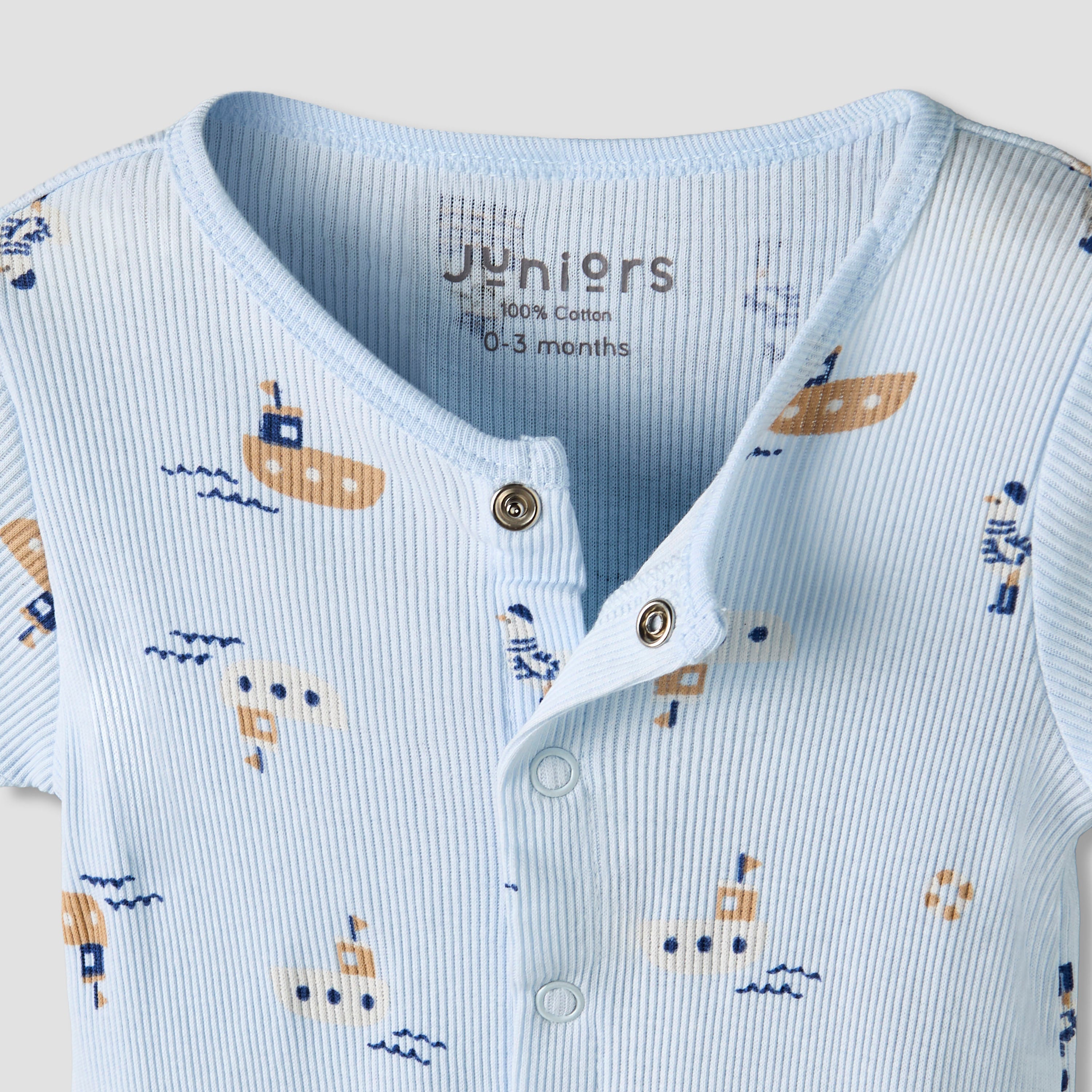 Set of 2 Juniors Cotton Round Neck Sleepsuit and Romper with Nautical Print