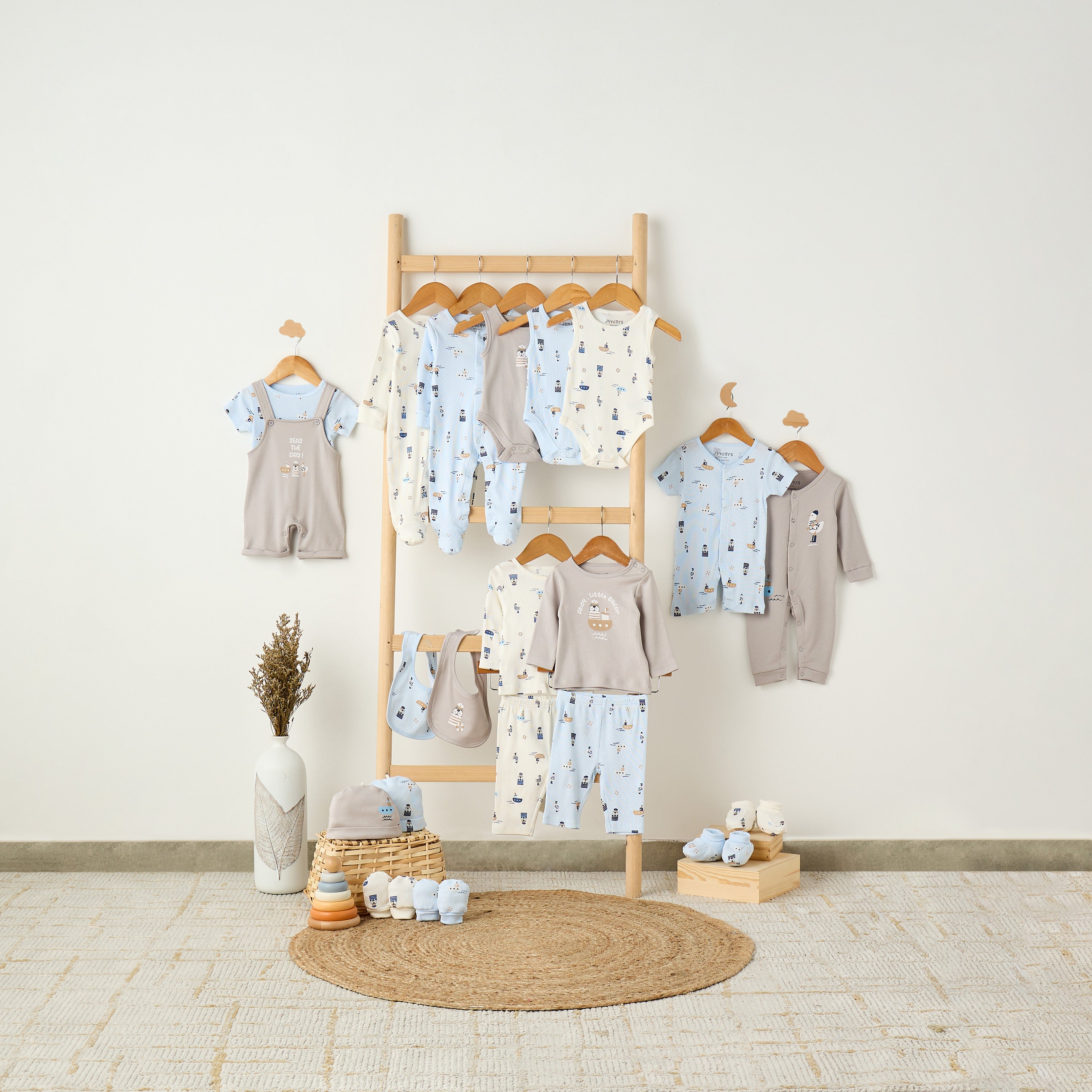 Set of 2 Juniors Cotton Round Neck Sleepsuit and Romper with Nautical Print