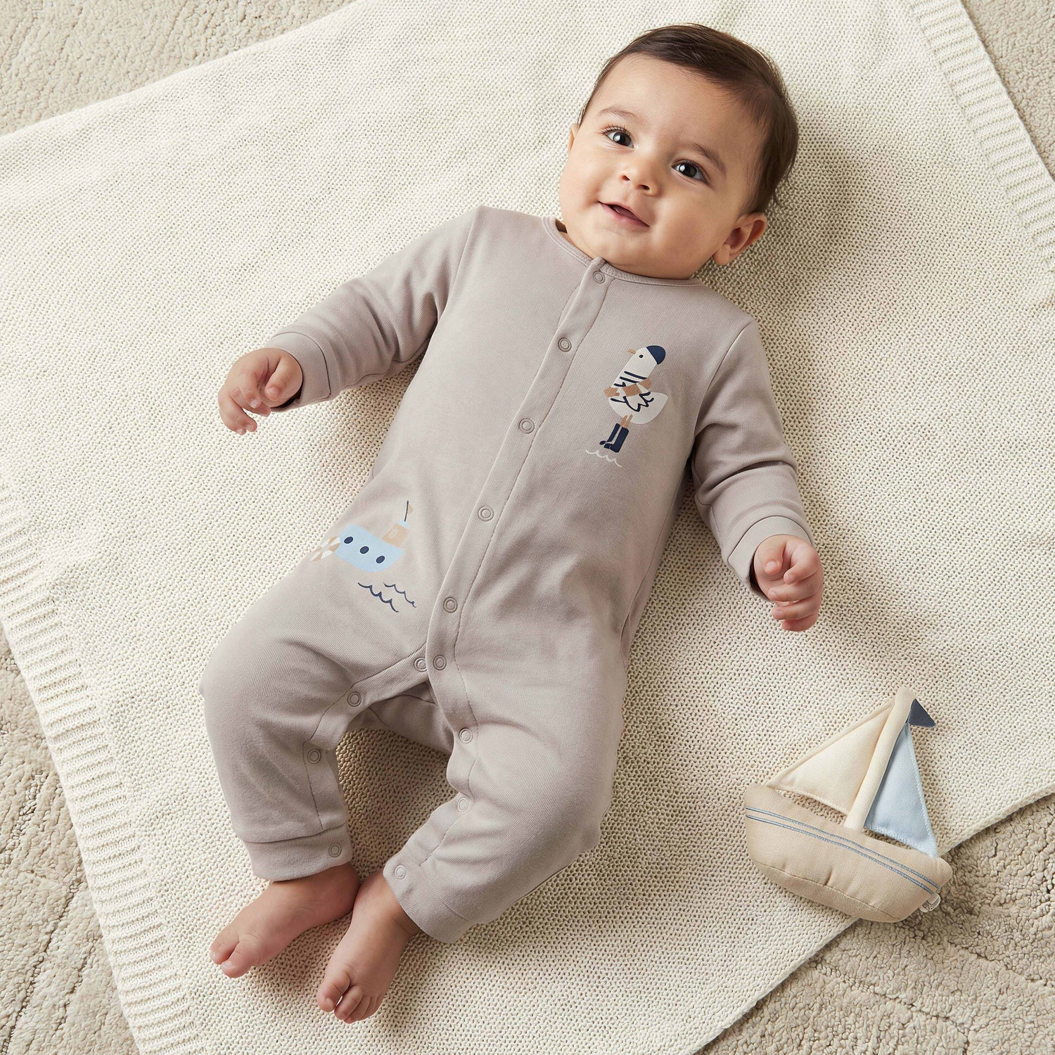 Set of 2 Juniors Cotton Round Neck Sleepsuit and Romper with Nautical Print