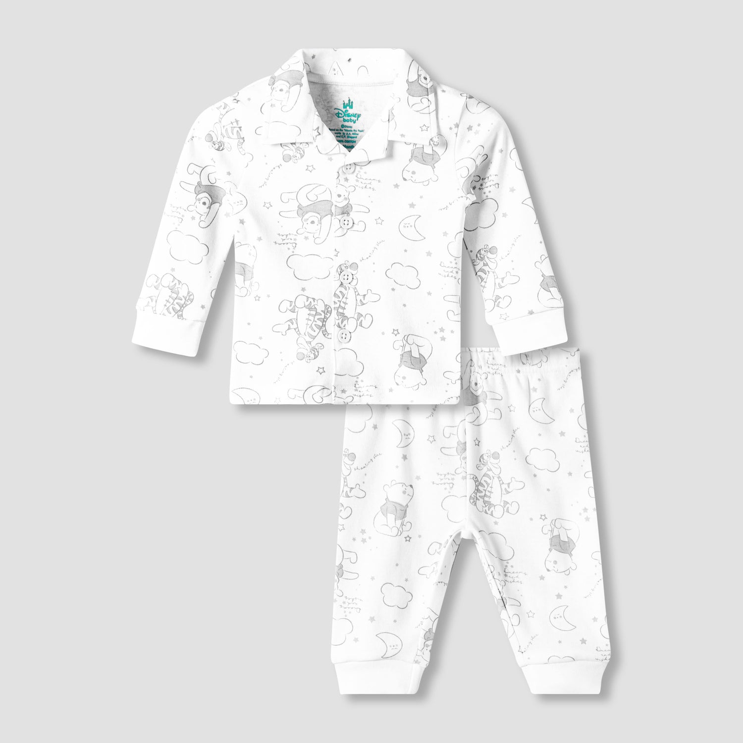 Disney Cotton Collared Neck Long Sleeve Pyjama Set with Winnie The Pooh Print - White / 12-18 mths