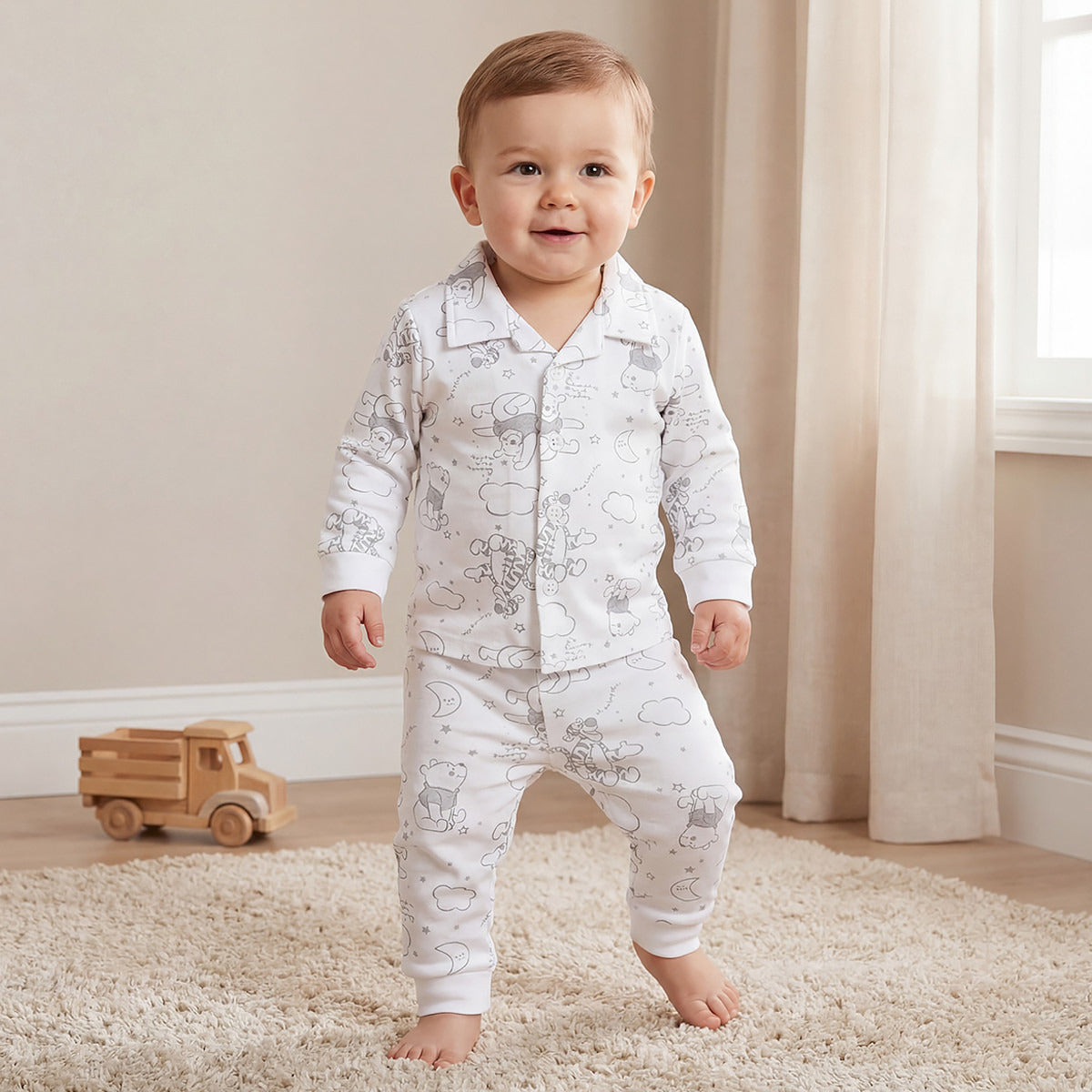 Disney Cotton Collared Neck Long Sleeve Pyjama Set with Winnie The Pooh Print