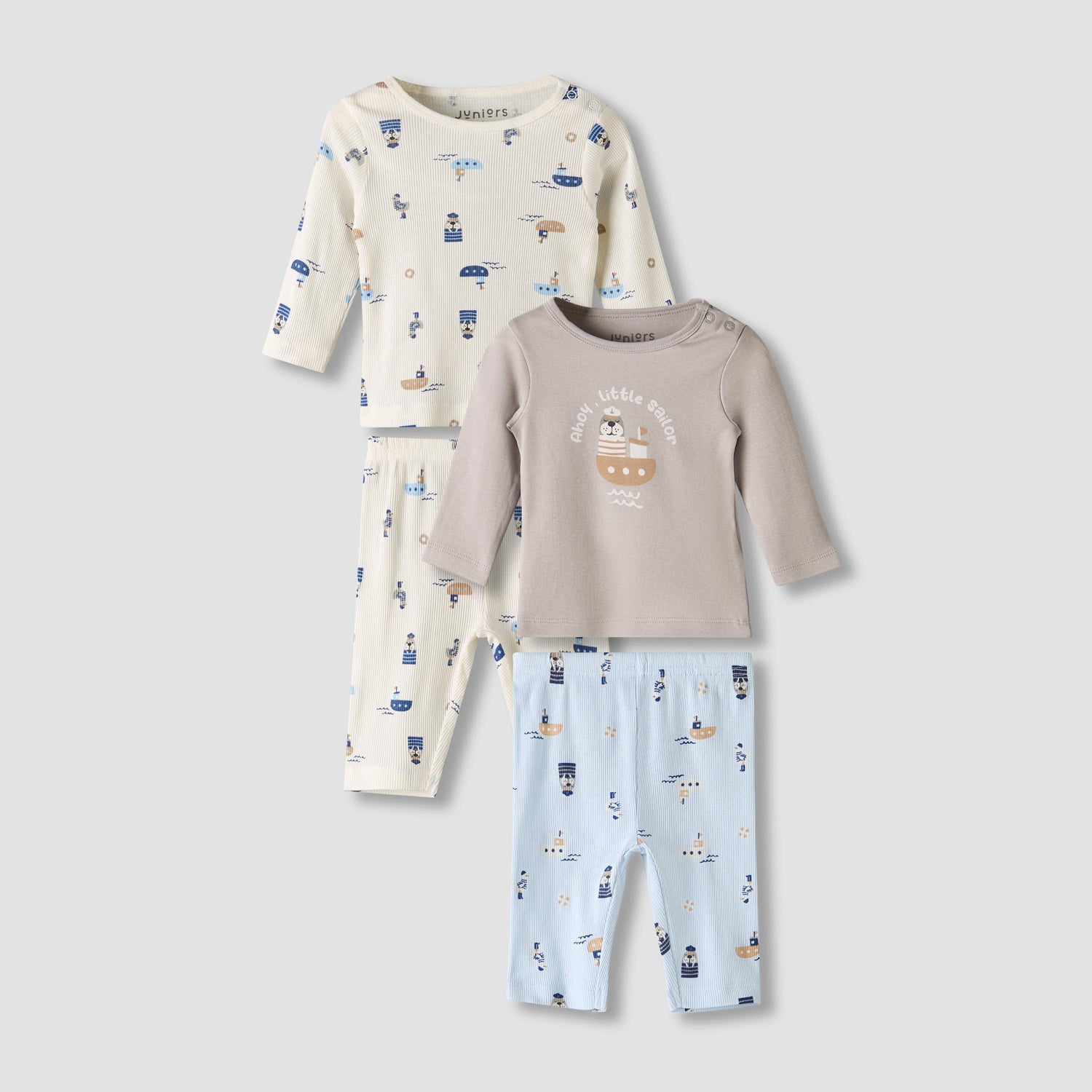 Pack of 2 Juniors Cotton Round Neck Long Sleeves Pyjama Set with Nautical Print - Multicolour / 12-18 mths