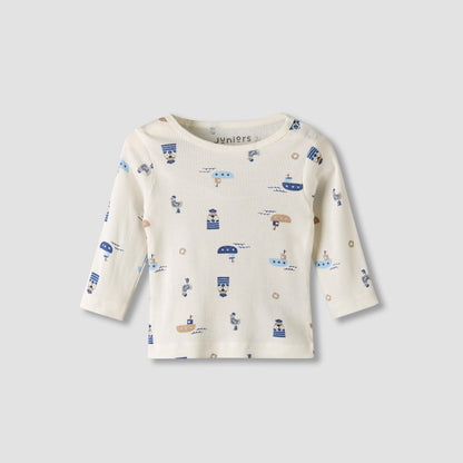 Pack of 2 Juniors Cotton Round Neck Long Sleeves Pyjama Set with Nautical Print