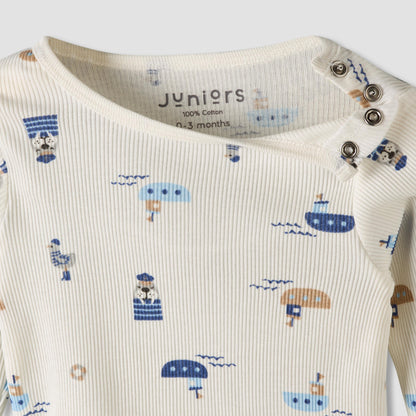 Pack of 2 Juniors Cotton Round Neck Long Sleeves Pyjama Set with Nautical Print