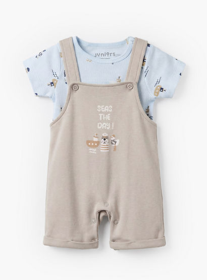 Juniors Round Neck Short Sleeves T-shirt and Dungaree Set with Nautical Print-baby-boys-clothing-setsandcoords-image-2