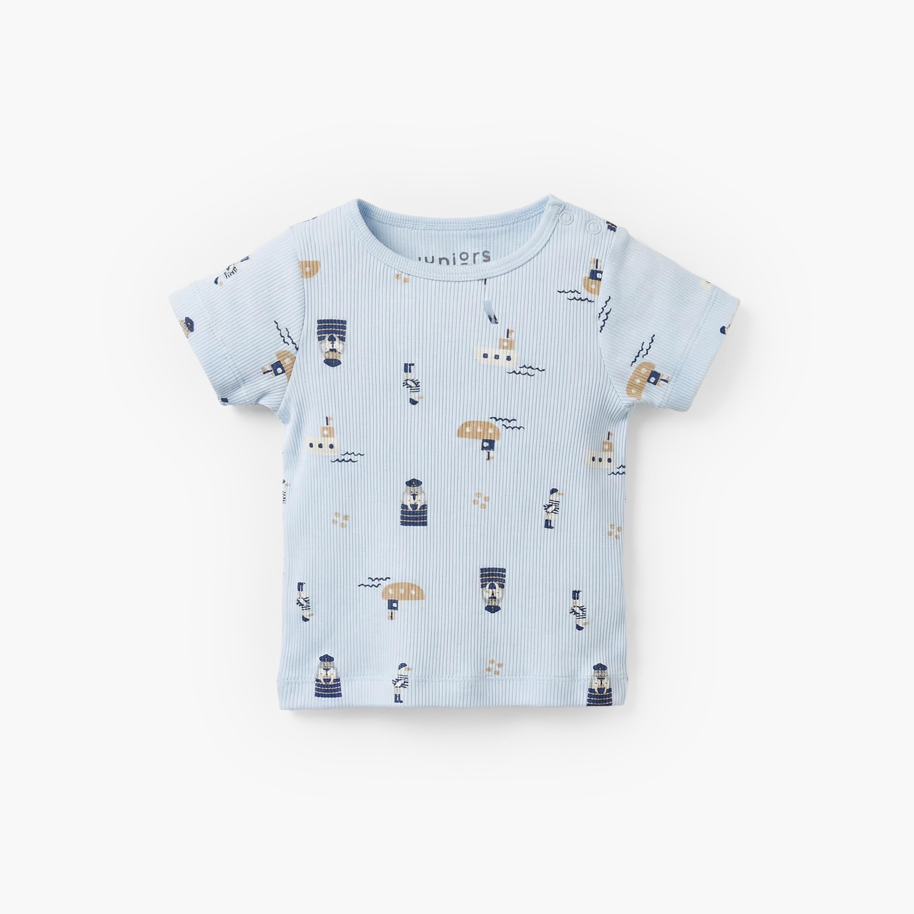 Juniors Round Neck Short Sleeves T-shirt and Dungaree Set with Nautical Print