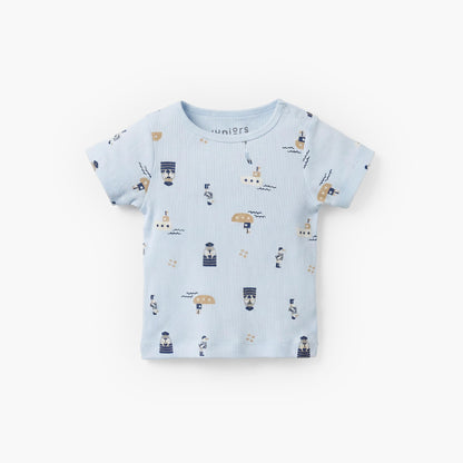 Juniors Round Neck Short Sleeves T-shirt and Dungaree Set with Nautical Print