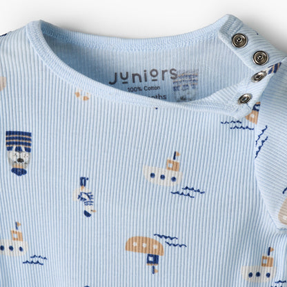 Juniors Round Neck Short Sleeves T-shirt and Dungaree Set with Nautical Print
