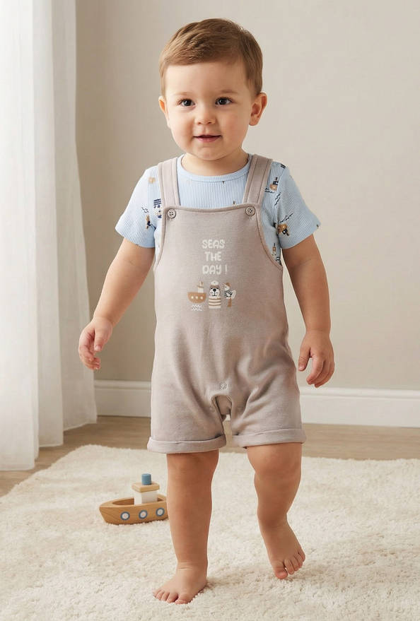 Juniors Round Neck Short Sleeves T-shirt and Dungaree Set with Nautical Print