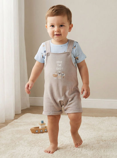 Juniors Round Neck Short Sleeves T-shirt and Dungaree Set with Nautical Print-baby-boys-clothing-setsandcoords-image-1