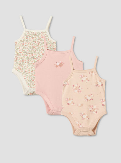Pack of 3 Juniors Cotton Strappy Bodysuit with Floral Print-baby-girls-clothing-bodysuits-image-1