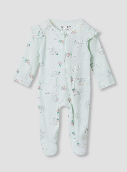 Juniors Printed Sleepsuit with Long Sleeves and Zip Closure-baby-girls-clothing-nightwear-sleepsuits-image-1