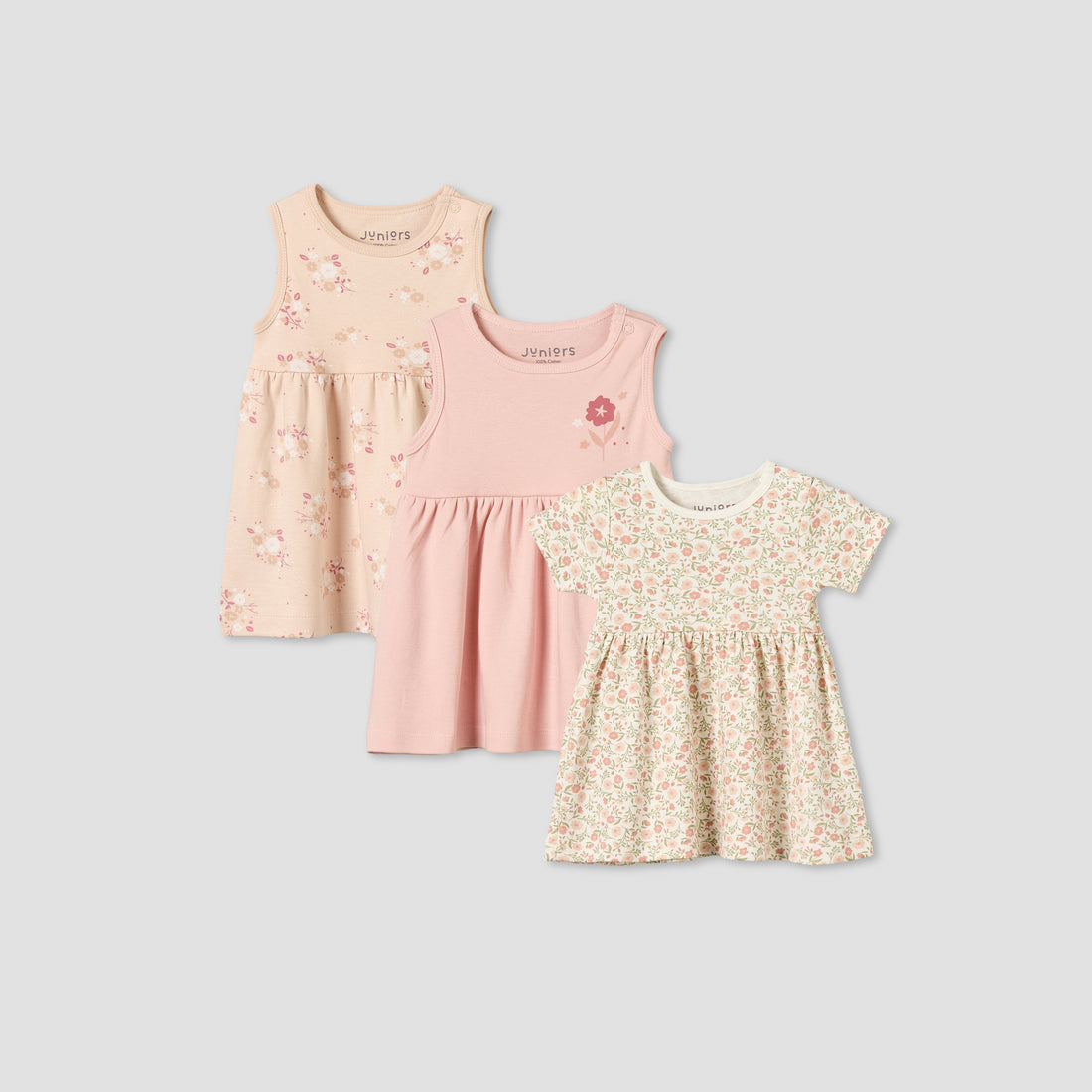 Pack of 3 Juniors Round Neck Knee Length A-line Dress with Floral Print - Multicolour / 12-18 mths