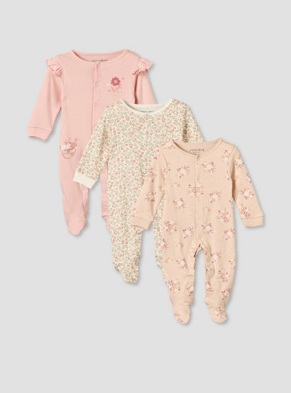 Pack of 3 Juniors Cotton Crew Neck Long Sleeves Sleepsuit with Floral Print-baby-girls-clothing-nightwear-sleepsuits-image-1