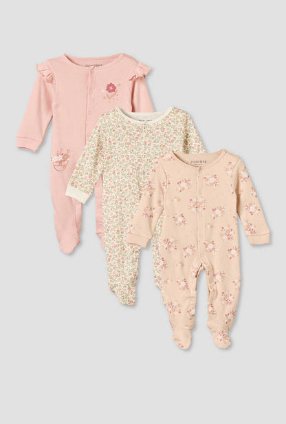 Pack of 3 Juniors Cotton Crew Neck Long Sleeves Sleepsuit with Floral Print