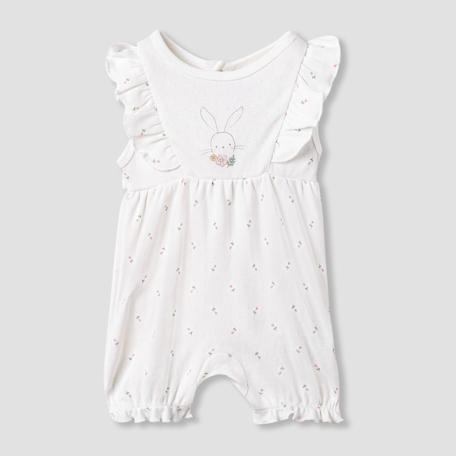 Juniors Printed Sleeveless Romper with Ruffle Accent - White / 12-18 mths